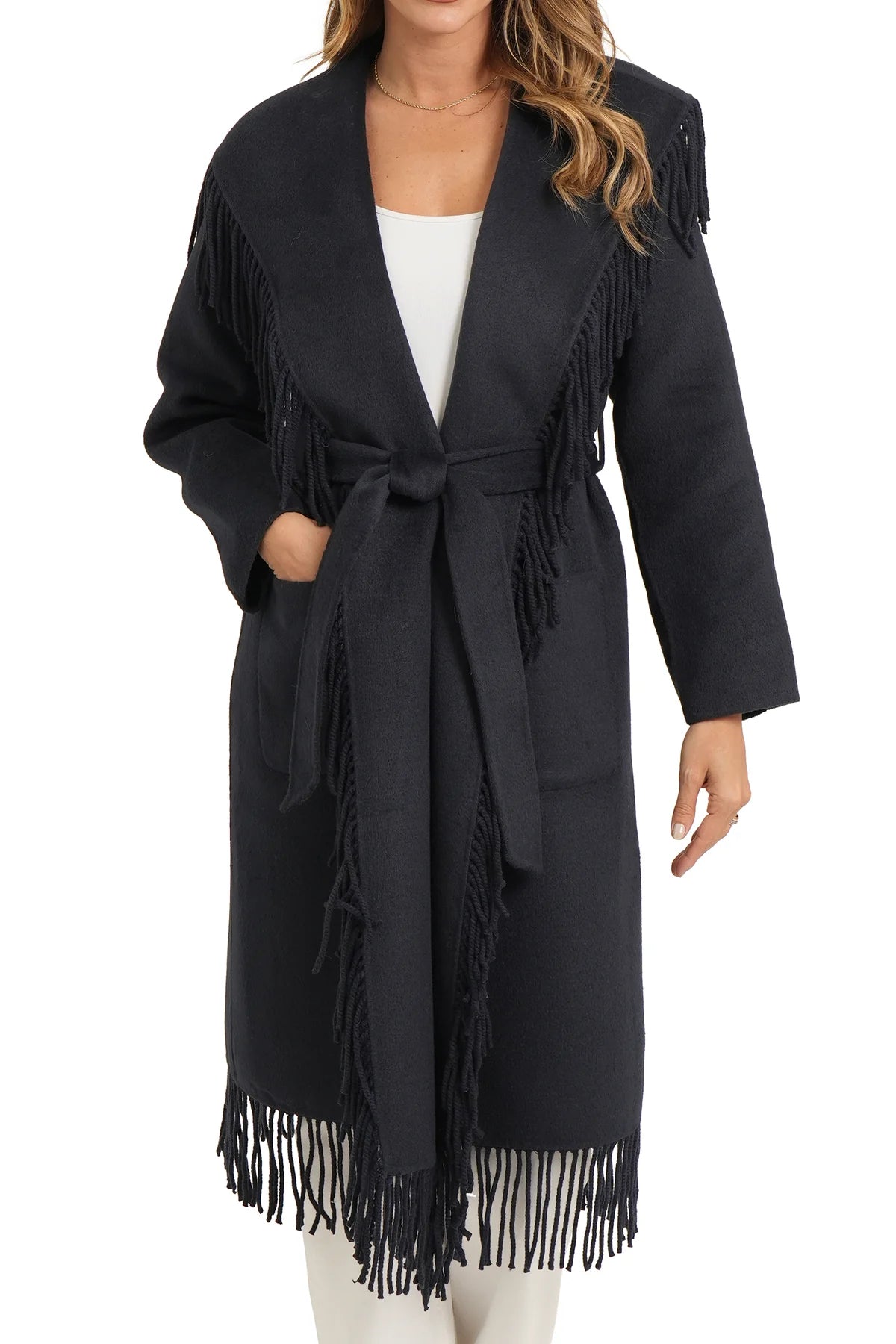LOVE TOKEN Carl Fringe Coat in Navy