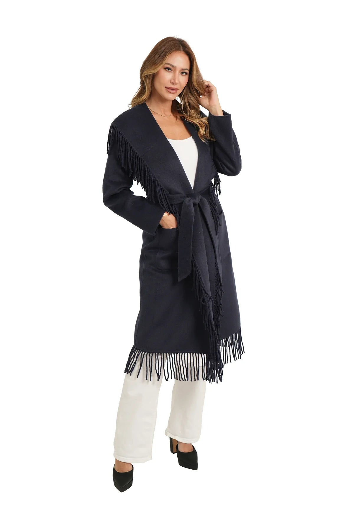LOVE TOKEN Carl Fringe Coat in Navy