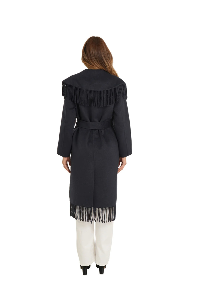 LOVE TOKEN Carl Fringe Coat in Navy