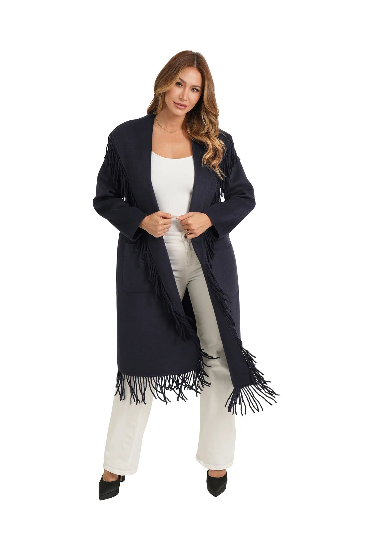 LOVE TOKEN Carl Fringe Coat in Navy