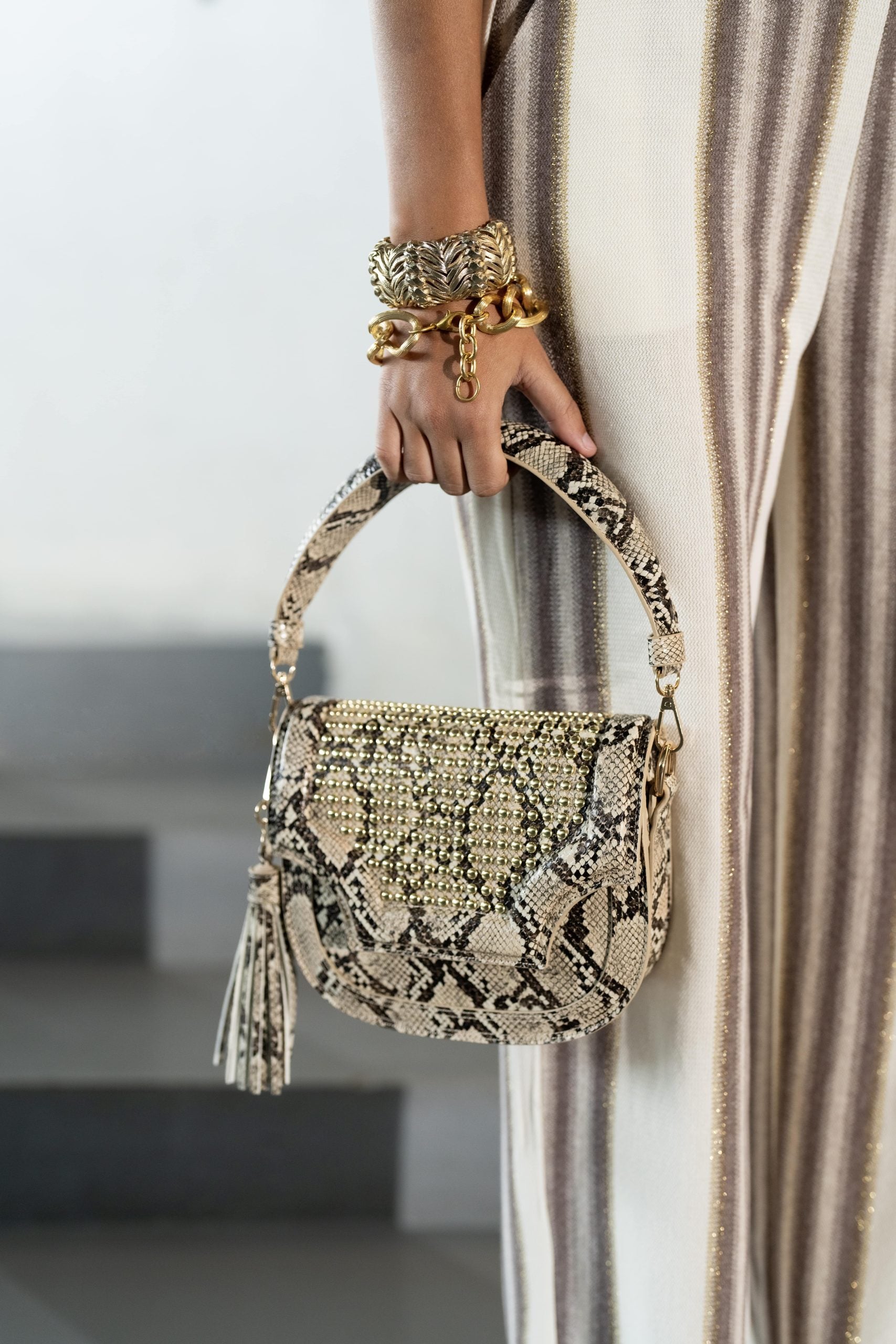 PHO FIRENZE Midi Handbag in Studded Snake