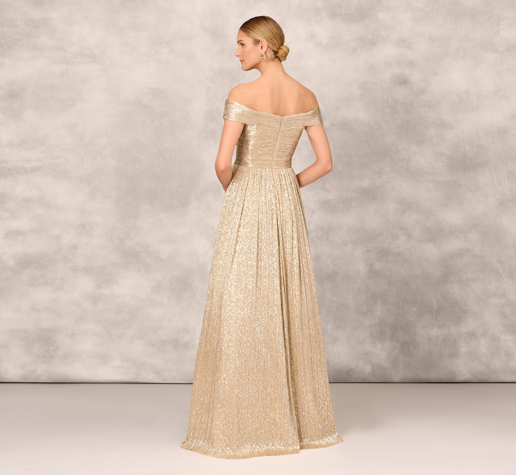 Off The Shoulder Metallic Foiled Metallic Pleated Mesh Long A-Line Ball Gown In Gold 14 dress Adrianna Papell