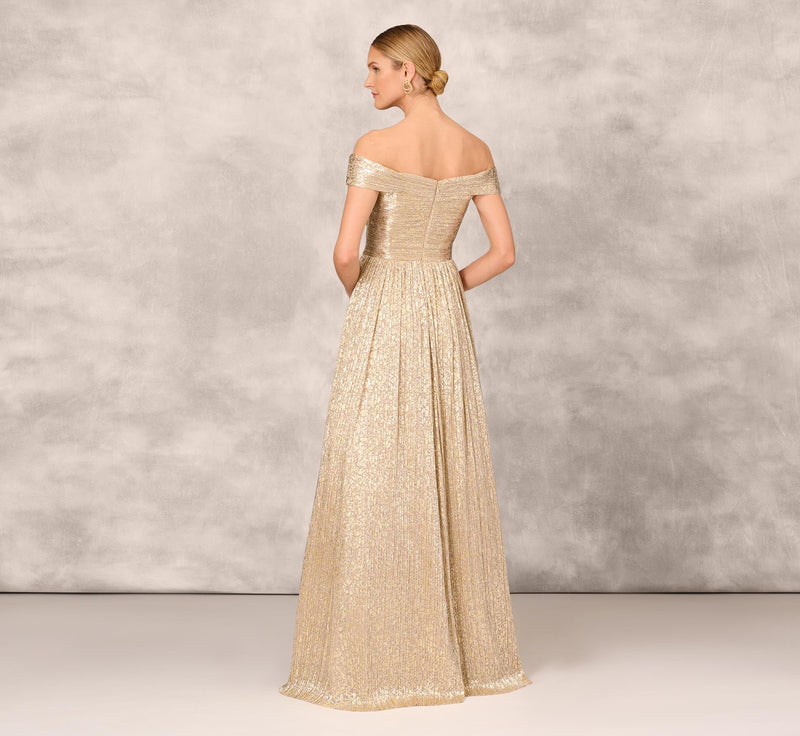 Off The Shoulder Metallic Foiled Metallic Pleated Mesh Long A-Line Ball Gown In Gold