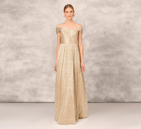 Off The Shoulder Metallic Foiled Metallic Pleated Mesh Long A-Line Ball Gown In Gold 4 dress Adrianna Papell