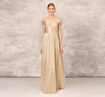 Off The Shoulder Metallic Foiled Metallic Pleated Mesh Long A-Line Ball Gown In Gold