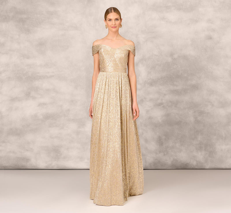 Off The Shoulder Metallic Foiled Metallic Pleated Mesh Long A-Line Ball Gown In Gold