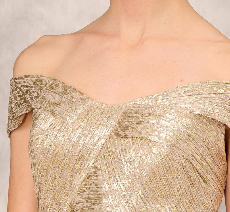 Off The Shoulder Metallic Foiled Metallic Pleated Mesh Long A-Line Ball Gown In Gold dress Adrianna Papell