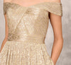 Off The Shoulder Metallic Foiled Metallic Pleated Mesh Long A-Line Ball Gown In Gold dress Adrianna Papell
