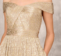Off The Shoulder Metallic Foiled Metallic Pleated Mesh Long A-Line Ball Gown In Gold dress Adrianna Papell