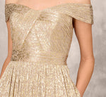 Off The Shoulder Metallic Foiled Metallic Pleated Mesh Long A-Line Ball Gown In Gold