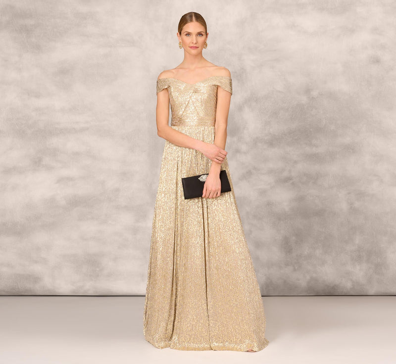 Off The Shoulder Metallic Foiled Metallic Pleated Mesh Long A-Line Ball Gown In Gold