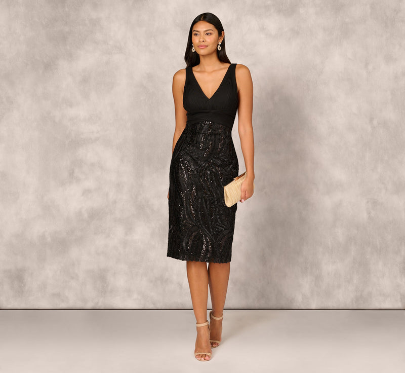 Sleeveless Midi Dress With 3D Embroidered Skirt In Black