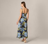 AP Floral Jacquard Sweetheart Scalloped Ankle Dress In Blue Multi