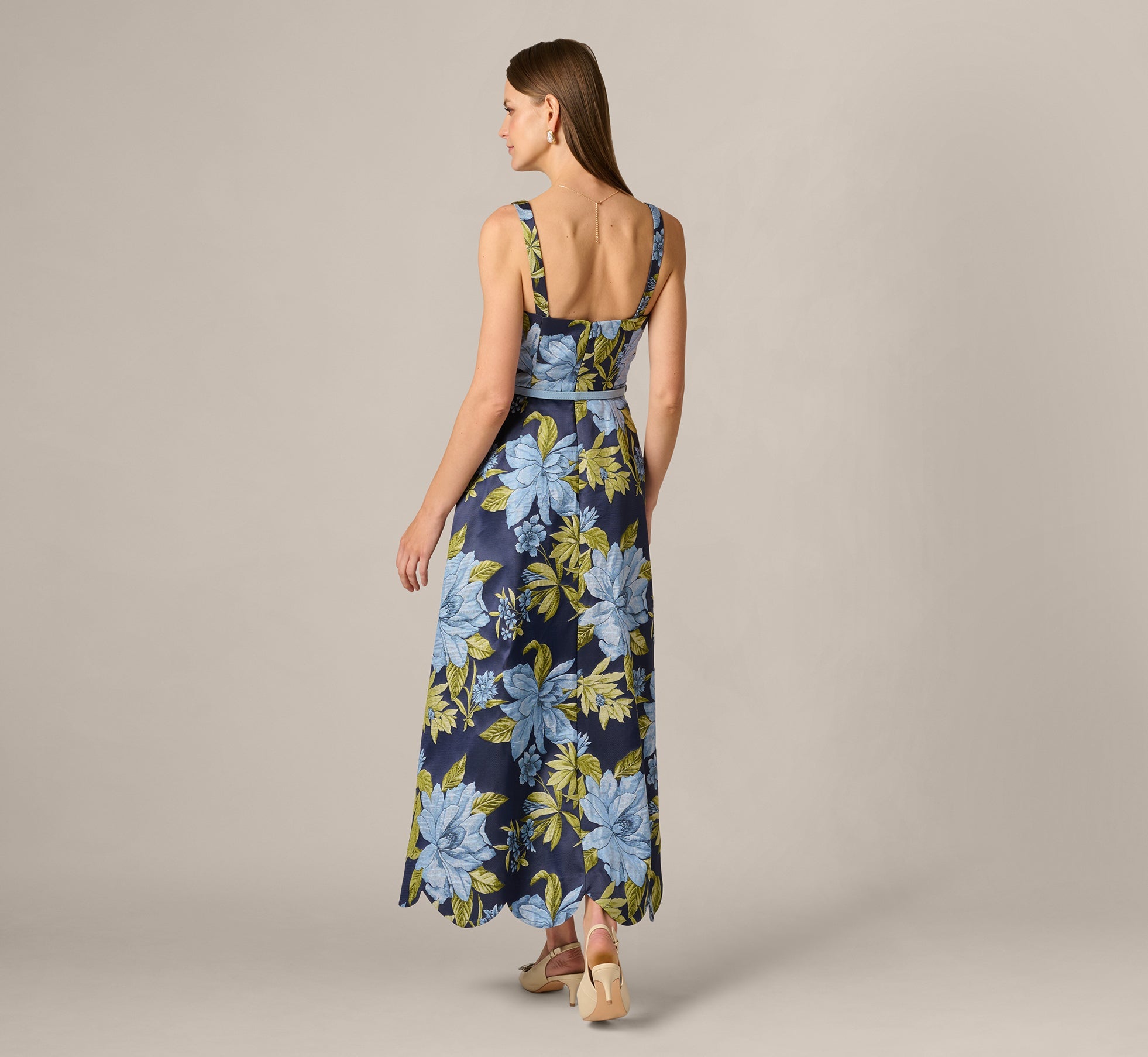 AP Floral Jacquard Sweetheart Scalloped Ankle Dress In Blue Multi