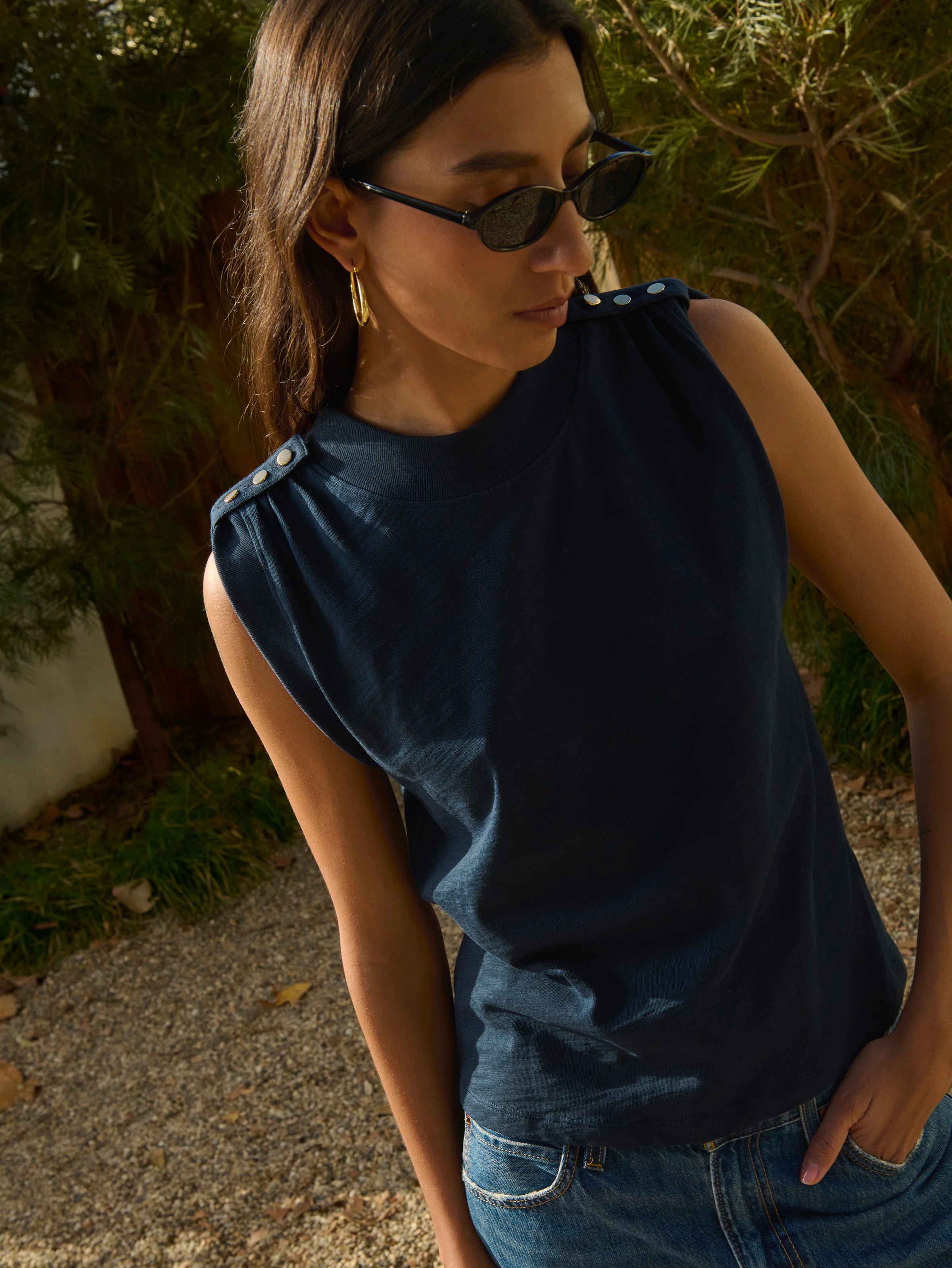 NATION Mikka Buttoned Tank- Navy
