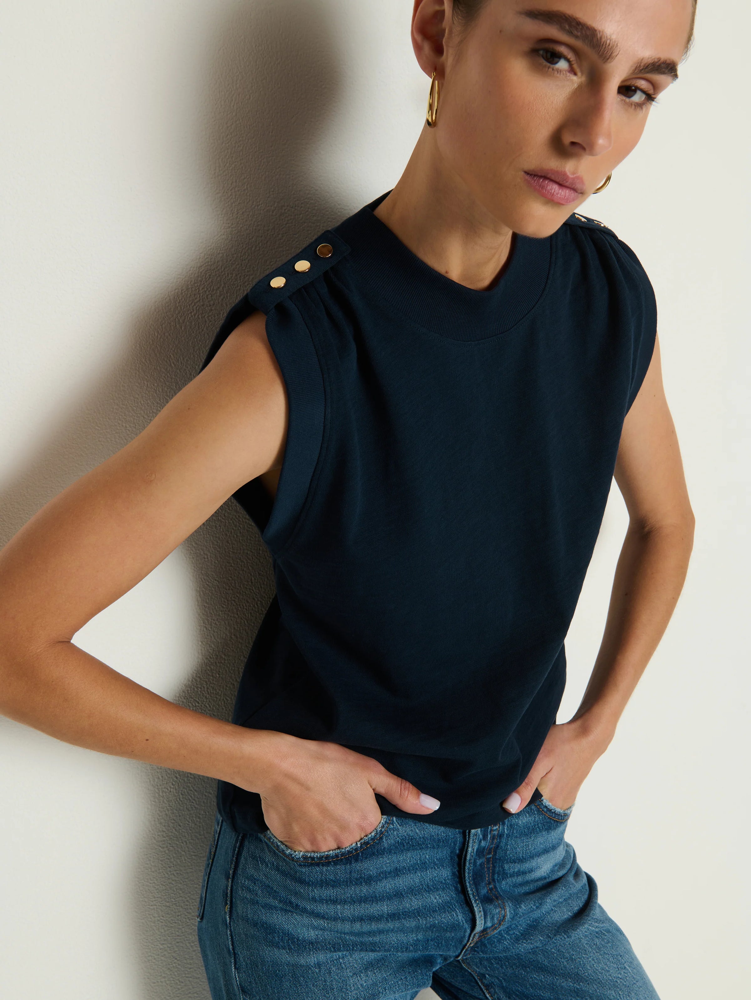 NATION Mikka Buttoned Tank- Navy