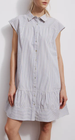 Woman wearing a sleeveless striped dress against a white background