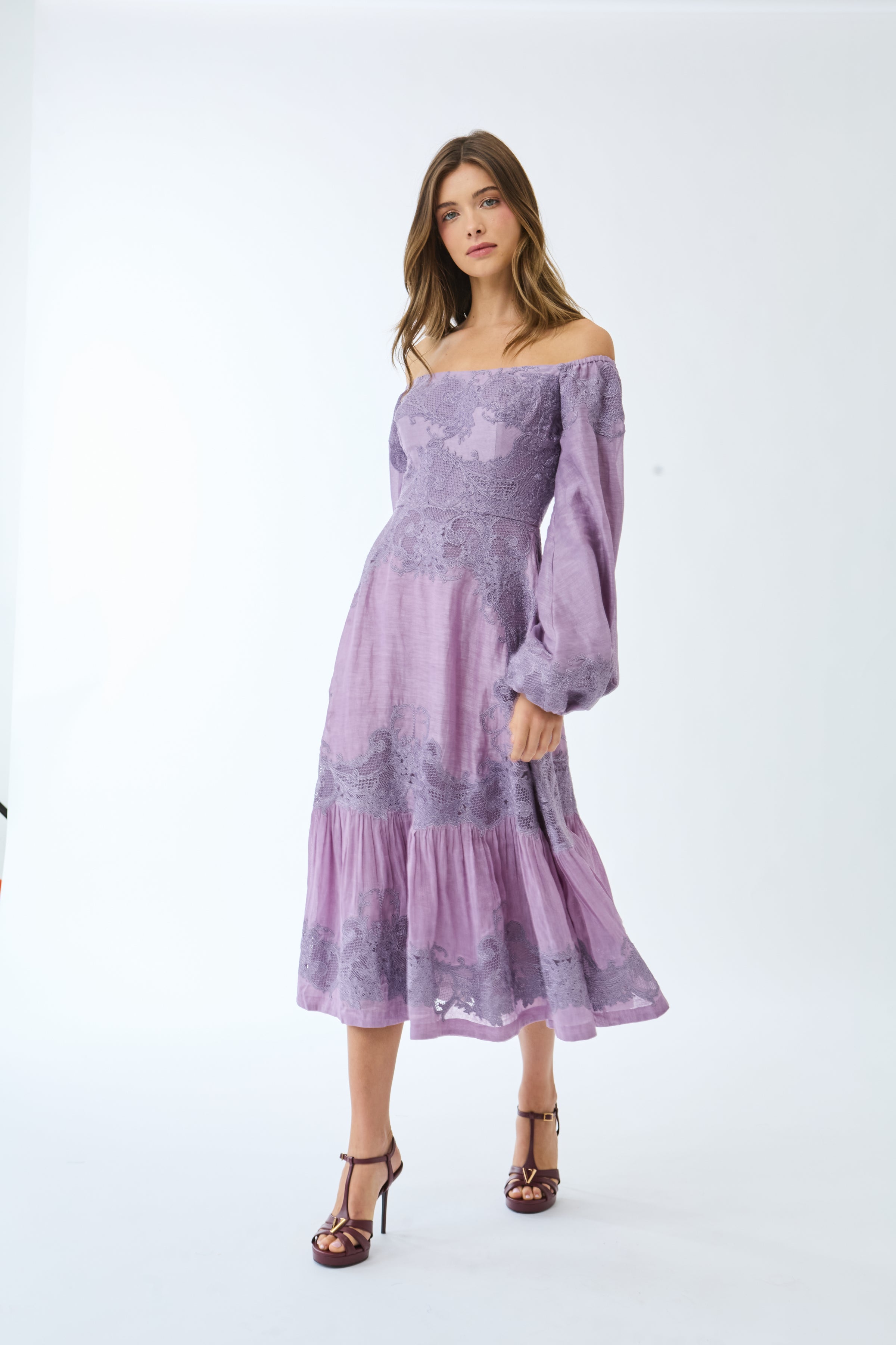 FSP Purple Embroidered Dress with Lace Trim