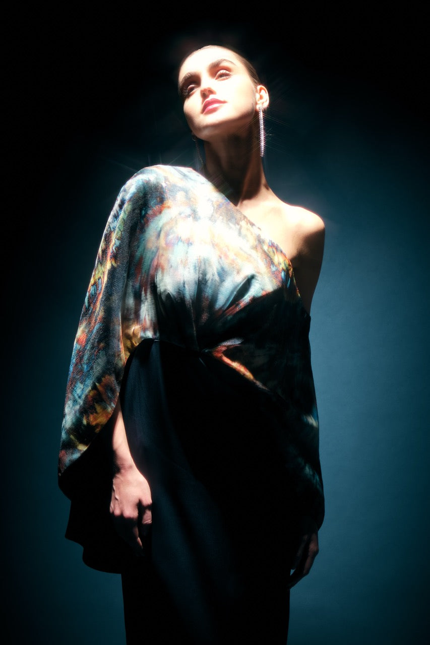 THEIA Gisette One Shoulder Cape Gown