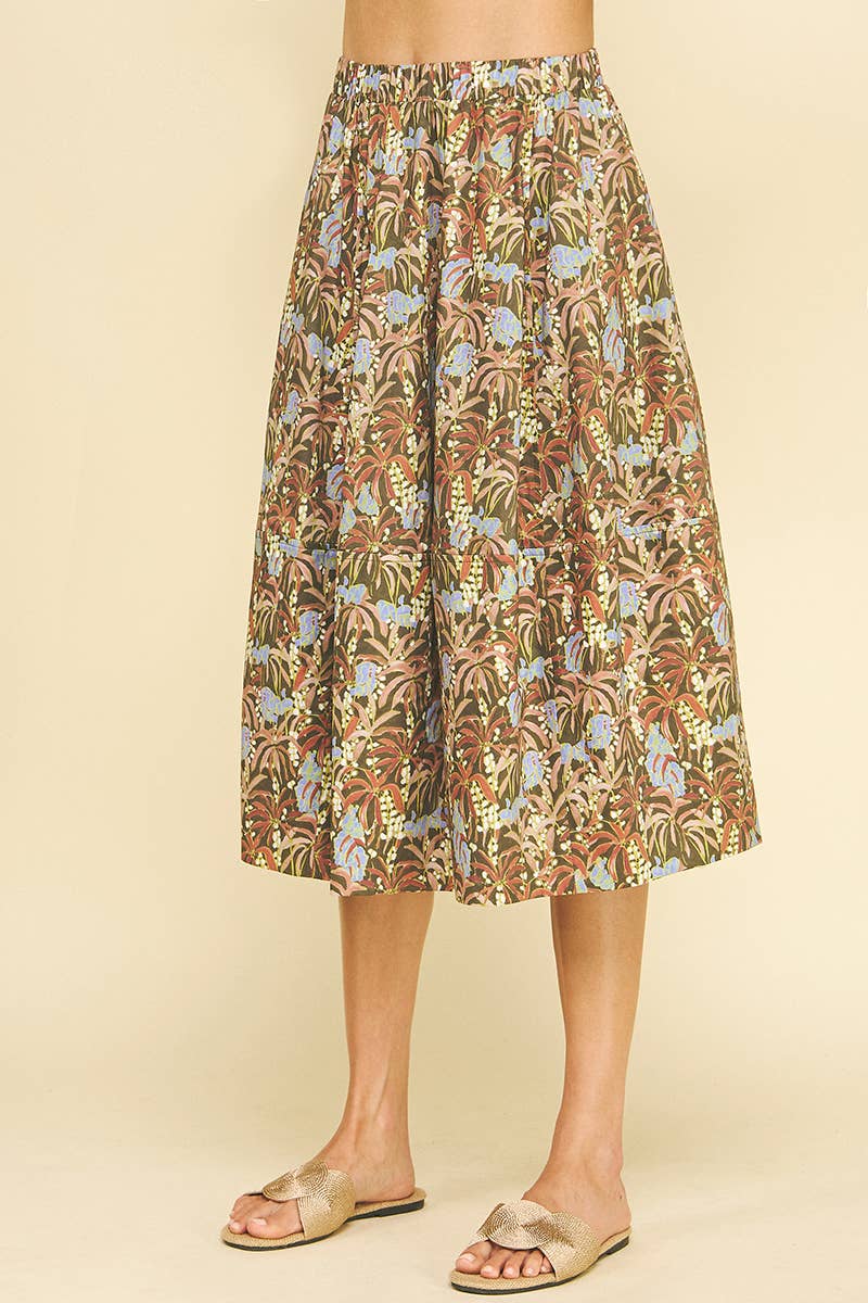 PRINT PLEATED MIDI SKIRT - 6575SA: DEEP OLIVE / L