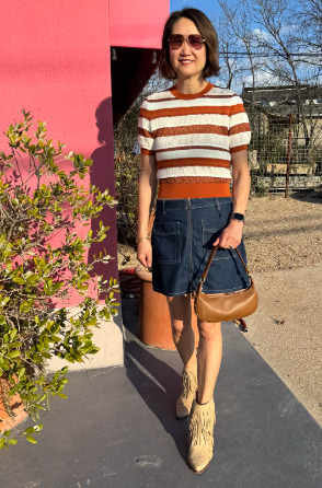 Jessie Liu Short Sleeve Knit Top in Orange Stripe