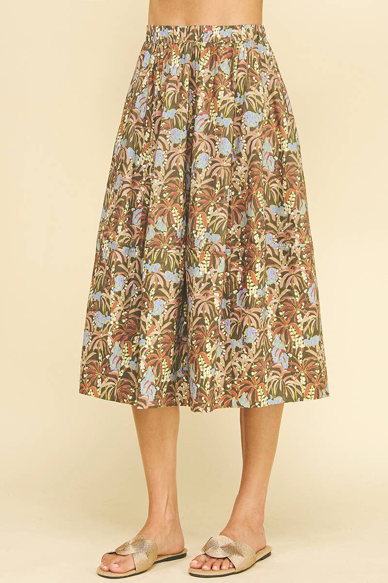 PRINT PLEATED MIDI SKIRT - 6575SA: DEEP OLIVE / L