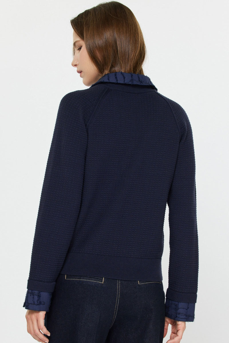 CA Collard V-Neck Woven Combo Sweater Woven Cuff Detail