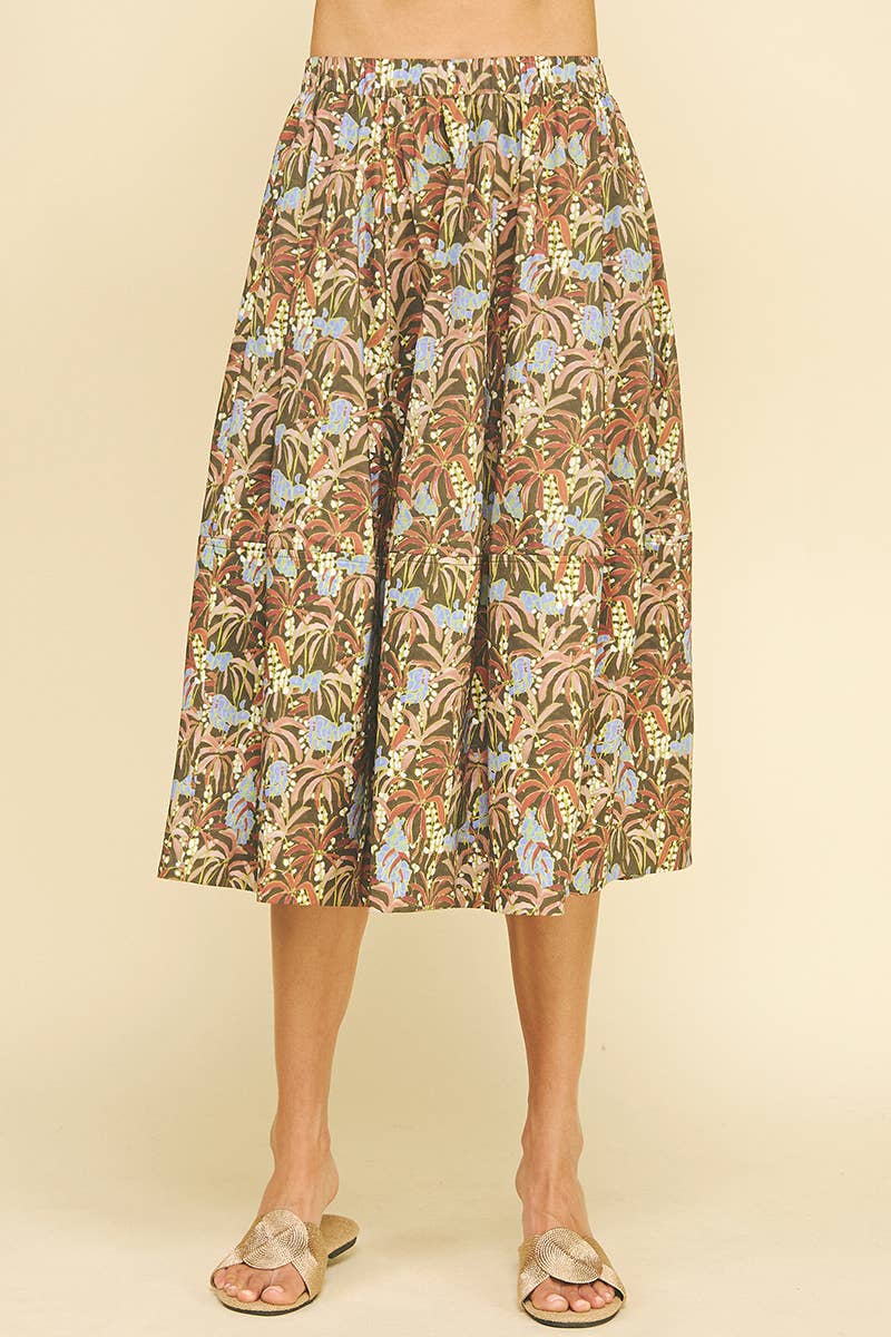 PRINT PLEATED MIDI SKIRT - 6575SA: DEEP OLIVE / L