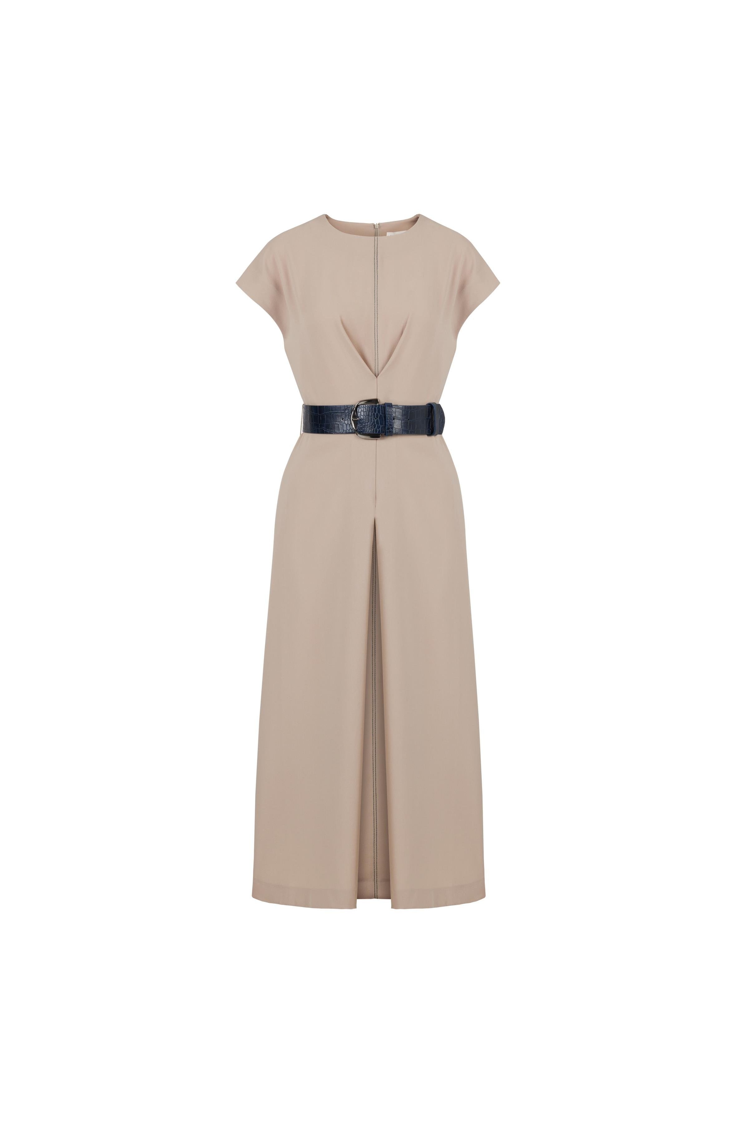 Crepe Dress With Contrast Stitching Detail in Greıge Birelin
