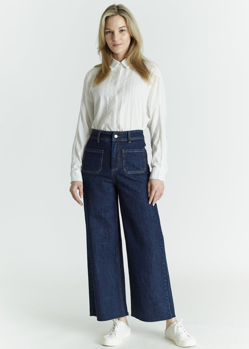 High Rise Wide Leg Patch Pocket Jeans.