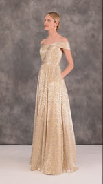 Off The Shoulder Metallic Foiled Metallic Pleated Mesh Long A-Line Ball Gown In Gold