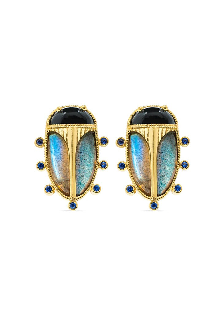CDW Scarab Clip Earrings in Blue Lab/Black Agate Capucine De Wulf