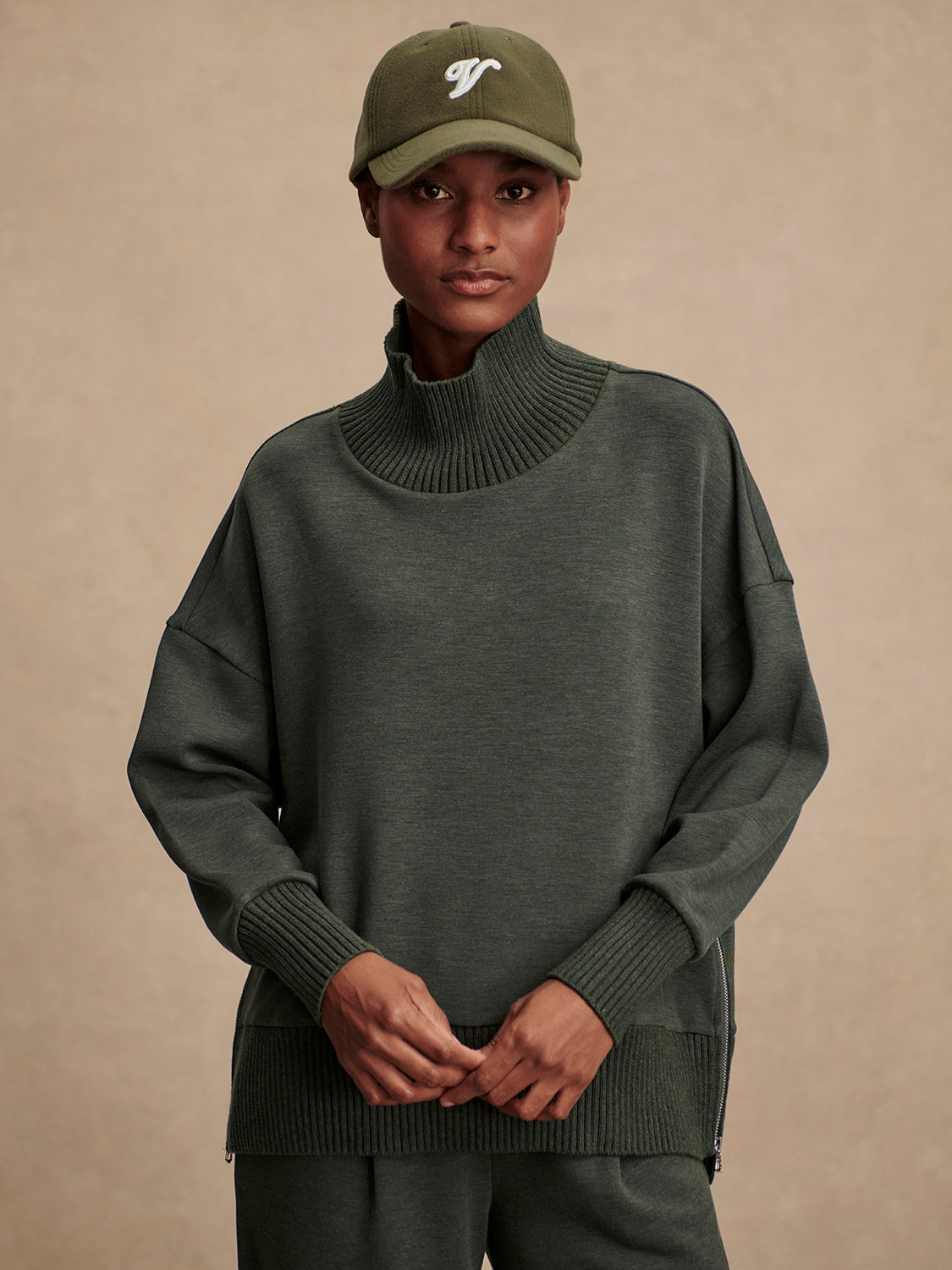 VARLEY Barker High Neck Sweatshirt in Olive Marl Varley