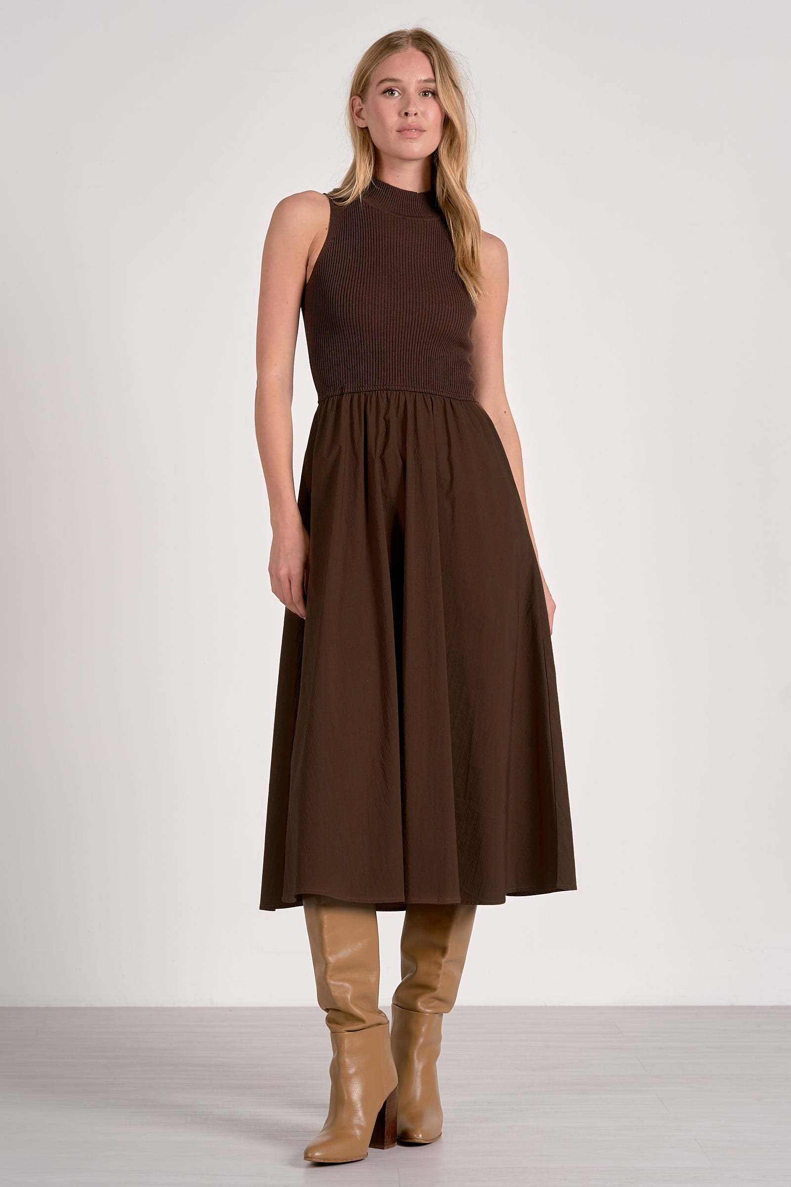 ELAN Ribbed Halter Midi Dress in Cocoa Elan