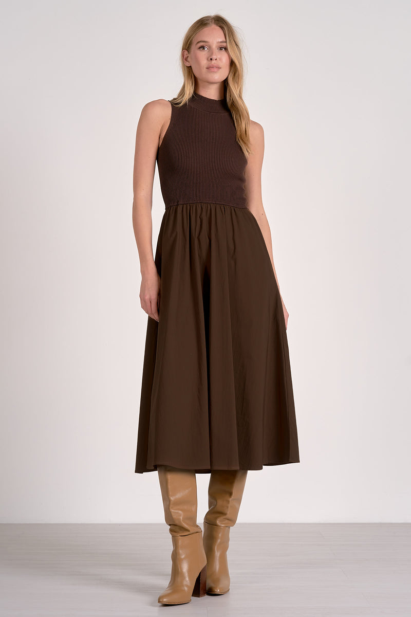 ELAN Ribbed Halter Midi Dress in Cocoa Elan