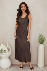 MILIO MILANO V-Neck Sleeveless Dress in Brown