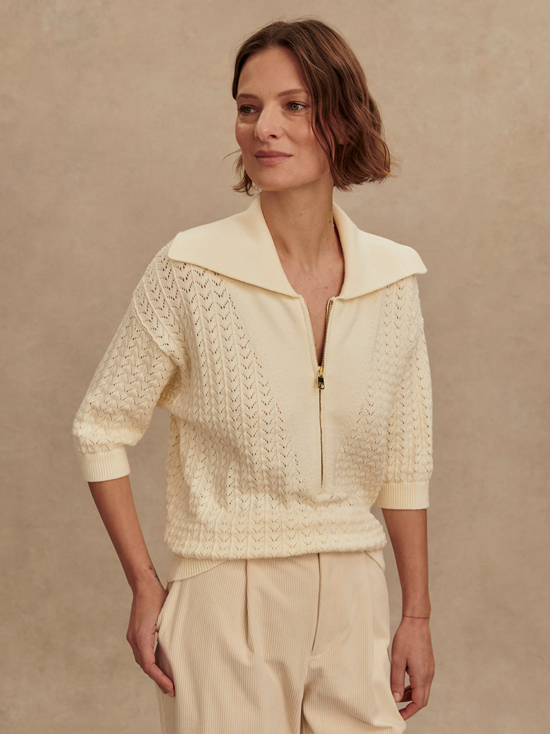 VARLEY Arney Half Zip Knit Polo in Egret Varley