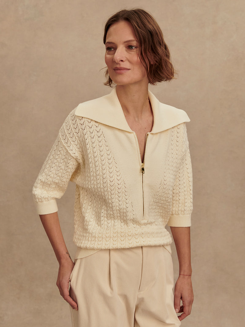 VARLEY Arney Half Zip Knit Polo in Egret Varley