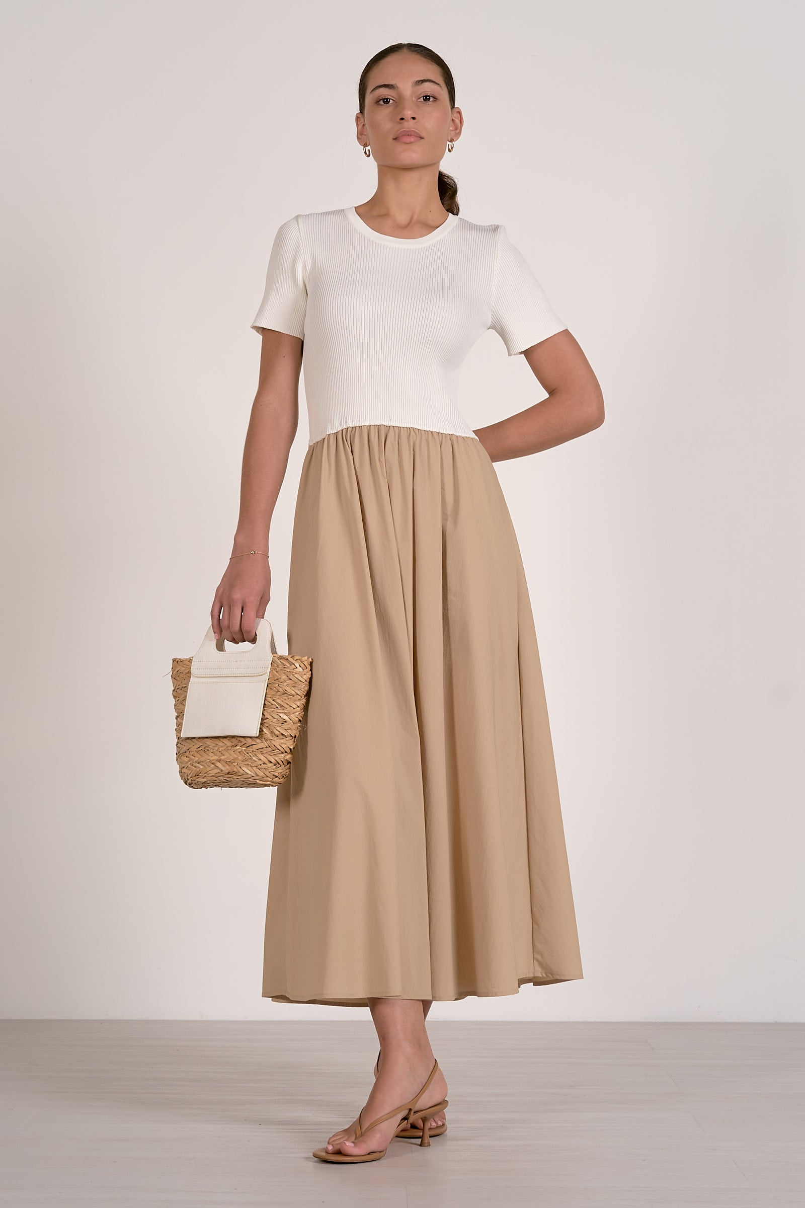 ELAN White and Tan Midi Dress