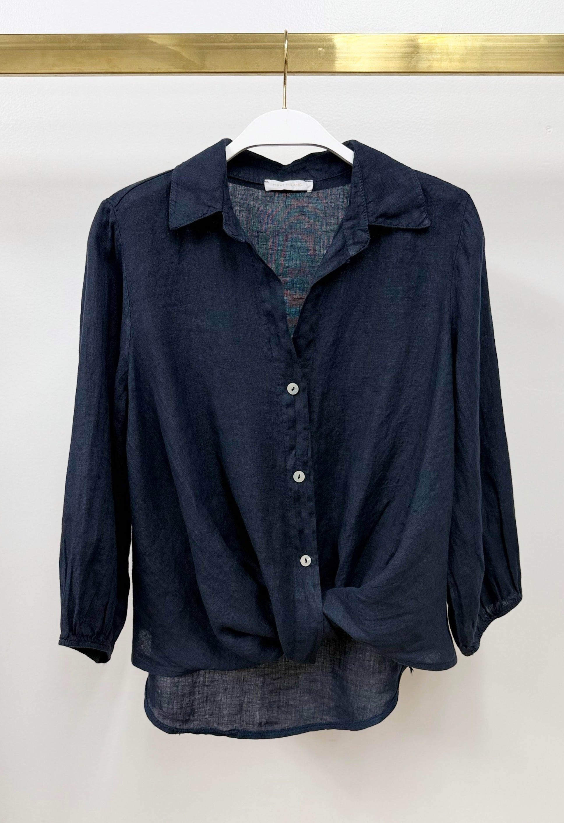 MILIO MILANO Linen Long Sleeve Front Twist Hem Henley Top