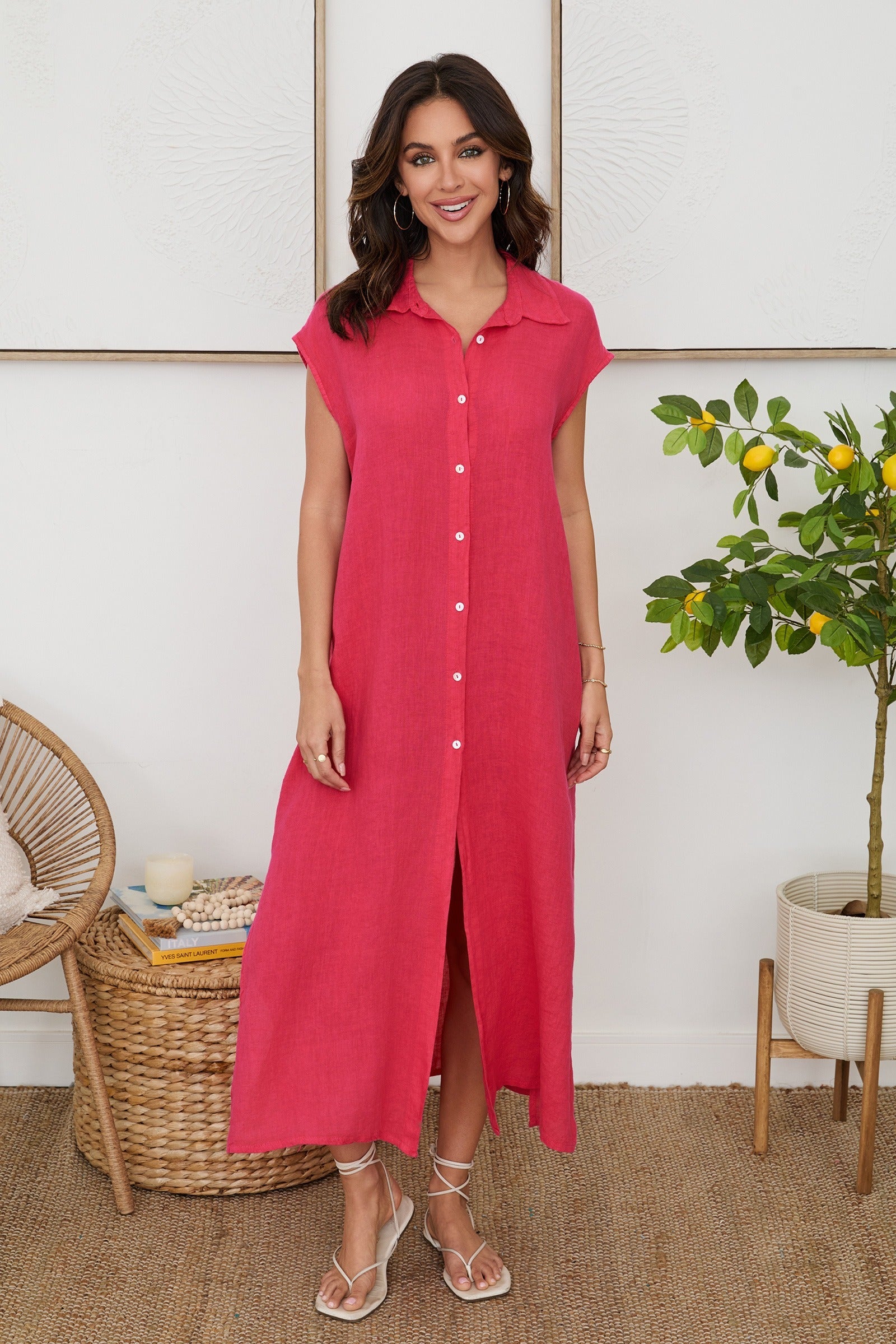 milio milano linen dress Long Crinkle Sleeveless Shirt – SPRING FROST Boutique Up Long Sleeves – Color:Azalea Red Bridesmaid Dress Wine Web Collection: Garden Party
