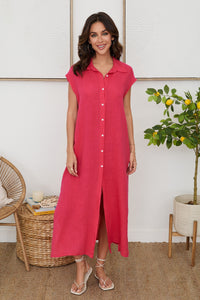 MILIO MILANO Long Crinkle Linen Sleeveless Shirt Dress