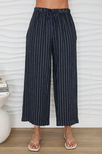 MILIO MILANO Texture Stripe Drawstring Waistband Wide Leg Linen Pant