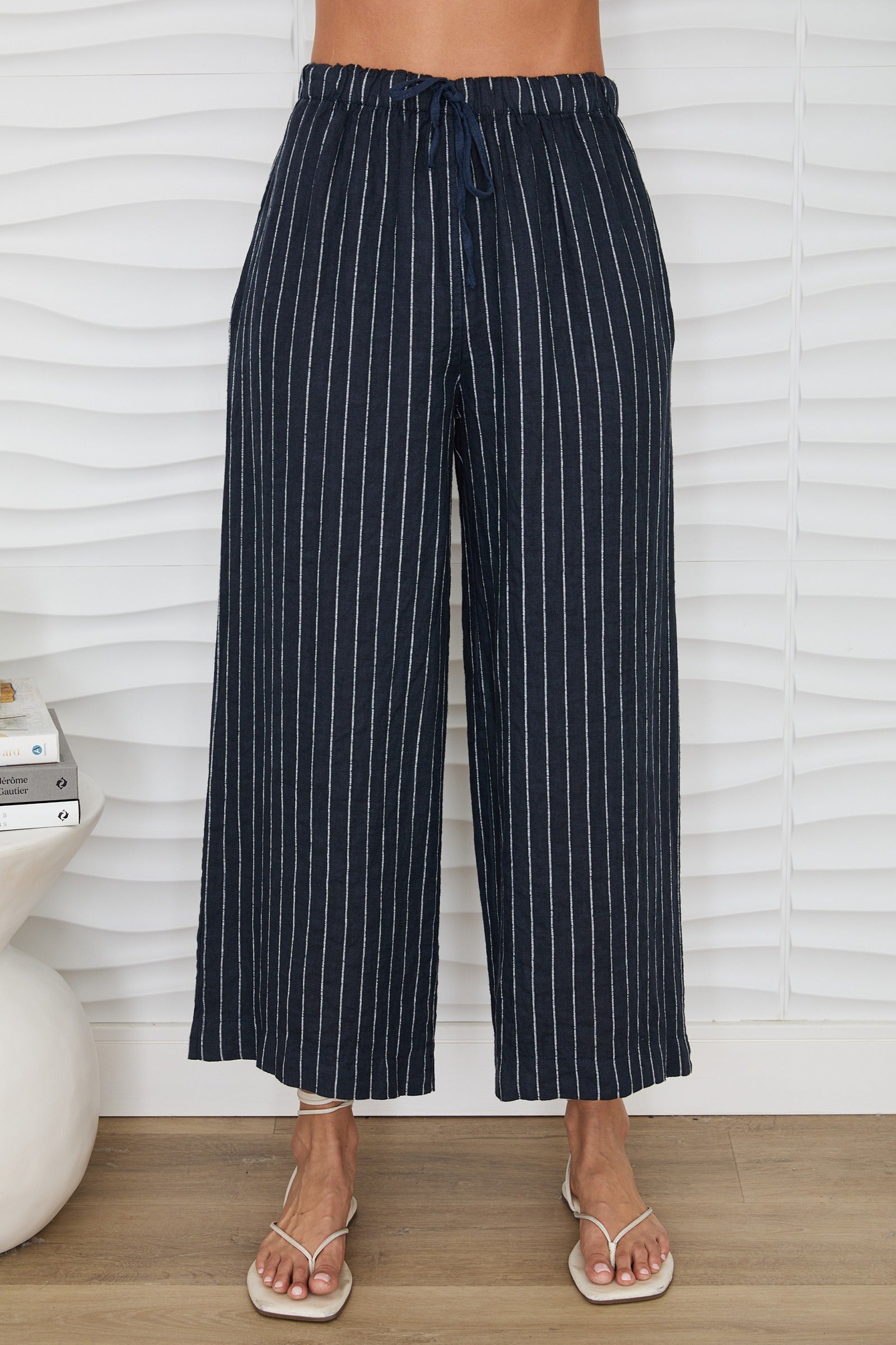 MILIO MILANO Texture Stripe Drawstring Waistband Wide Leg Linen Pant