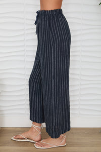 MILIO MILANO Texture Stripe Drawstring Waistband Wide Leg Linen Pant