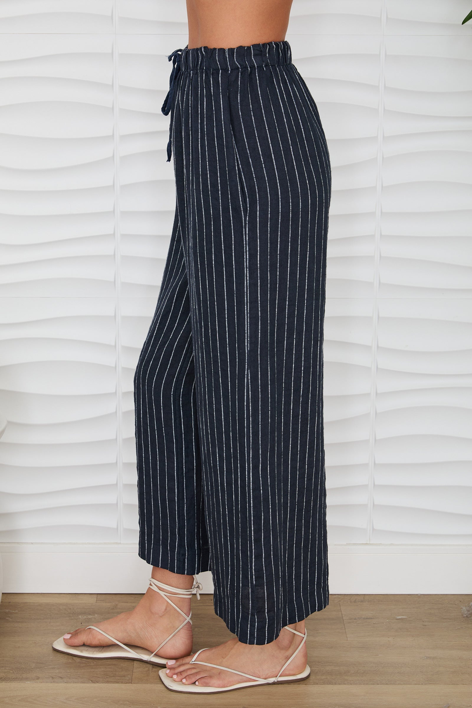MILIO MILANO Texture Stripe Drawstring Waistband Wide Leg Linen Pant