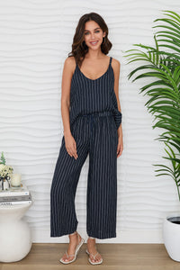 MILIO MILANO Texture Stripe Drawstring Waistband Wide Leg Linen Pant