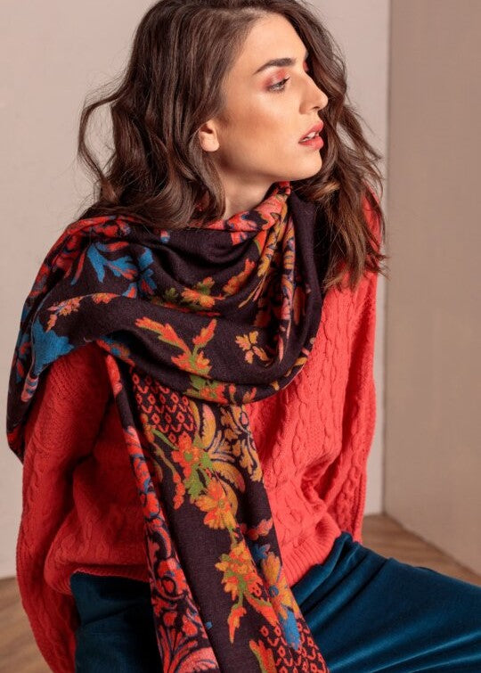 IVKO Printed Scarf Floral Pattern Brown-Red Scarves IVKO