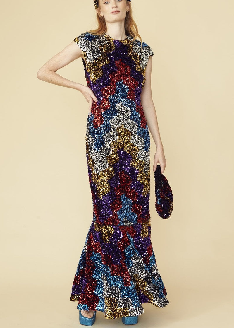 Multi Sequin Fish Tail Maxi Dress
